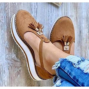 Sandalen voor Dames Platform Wedge Espadrilles Kwastje Leren Sandaal Verstelbare Enkelband Gesloten teen Wedge Sandaal Ronde Neus Mary Jane Schoenen Vintage Strandsandalen (Bruin 41 EU)