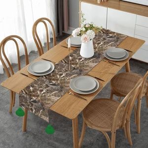 Tafelloper, imitatie linnen tafelloper met kwastjes tafeldecoratie voor thuisfeest, donkerbruine marmeren textuur luxe