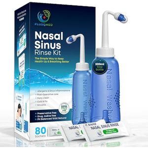 PLUSQMED Neti Pot, Sinus Rinse Kit, Voorgemengde Sachets 80 STKS, Neti Pot 300 ml, Nasale wassen