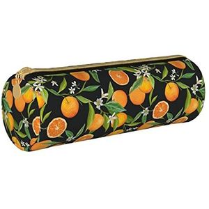 XUZHANG Oranje Fruit Patroon, Potlood Pouch Cilindrische Pen Case Draagbare Lederen Potlood Tas met Rits Cosmetische Pouch Bag, zoals afgebeeld, Eén maat, Tas Organizer