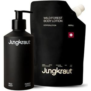 JUNGKRAUT Wild Forest Body Lotion 300 ml fles + 300 ml navulling, versterkende en voedende bodylotion voor mannen, intensieve vochtigheid, ultralicht - niet vettig, Swiss made, 100% natuurlijk