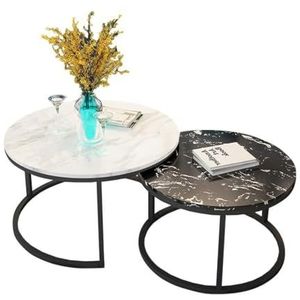 JLVAWIN Salontafel set van 2, nest van tafels - nesttafels salontafel marmeren blad en metalen poten woonkamer meubels modern design, witte en zwarte nachtkastjes (maat: 80cm+60cm)