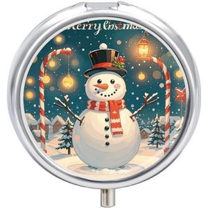 Draagbare Reizen Pillendoos Merry Christmas Mooie Sneeuwpop Gedrukt Ronde Kleine Pil Case 3 Compartiment Pil Container om Vitaminen Medicatie Visolie Supplementen vast te houden