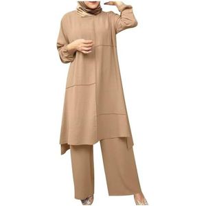 UPPJPBSW Muslim Vrouwen Plus Size Linnen Lounge Set - 2-Delige Outfit Losse Lange Mouw Tuniek Shirt met Gespleten Zoom Wijde Broek,Khaki,3XL