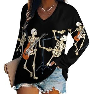 Skelet Concert Muziek Halloween Dames V-hals Shirt Lange Mouw Tops Casual Losse Fit Blouses