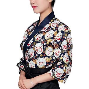 Modieuze uniformen Vrouwen Sushi Chef Jas Kimono Kraag Japanse Keuken Uniform Cat Print Sushi Werkkleding Jas (Color : Blue, Size : XXL-XXLarge)