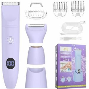Unisex 3-in-1 elektrische lichaams- en gezichtstrimmer: waterdicht IPX6, nat/droog, pijnloze ontharing voor gevoelige gebieden, bikini, benen, USB-oplaadbaar, paars