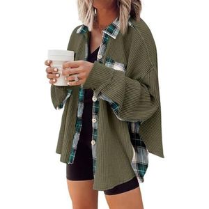 2023 Women's Autumn and Winter New Casual Waffle Knitted Jacket Loose Plaid Boyfriend Shirt (Color : Army green, Size : M)