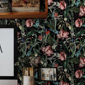 Behang Zwarte Insectenbloem Peel en Stick Zelfklevend Behang voor Woonkamer Badkamer Slaapkamer Art Deco Muur Papier Keuken Wallpapers Verwijderbaar 40 x 120 cm/2 rol