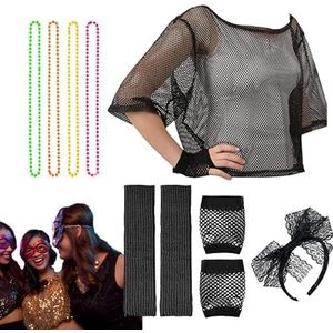 itrimaka Jaren '80 kostuums voor meisjes, Meisjes jaren '80 outfit | Accessoires-outfit uit de jaren 80,Fancy Dress Accessoires, Retro Dames Feestkostuum Set, Volwassen Neon Visnet Handschoenen