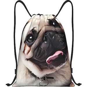 DEHIWI Cool Pug Hond Trekkoord Rugzak Tas Waterdichte Sport String Bag Sackpack Cinch voor Gym Winkelen Sport Yoga, Zwart, Medium