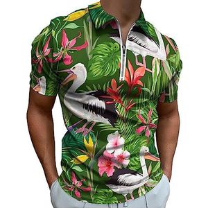 Tropisch natuurpatroon met pelikanen poloshirt voor heren, casual T-shirts met ritssluiting en kraag, golftops, slim fit