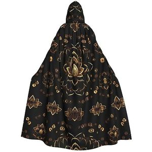 Bxzpzplj Gouden lotusbloemen mantel met capuchon voor mannen en vrouwen, volledige lengte Halloween maskerade cape kostuum, 185 cm