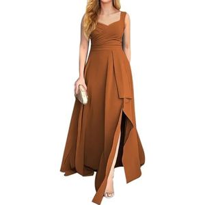 KURFACE Chiffon bruidsmeisjesjurk met split geplooide mouwloze lange avondjurk voor dames, Verbrand Oranje, 32