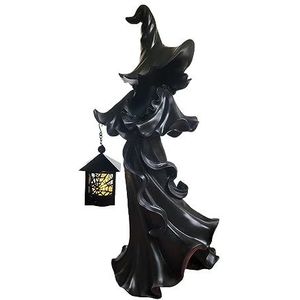 Witch Messenger With Lantern Statue Ornament, Resin Halloween Witch Decorations, Halloween Holding Lantern Statue, Resin Vintage Witch Statues, Decoration for Garden Courtyard Party (Black)