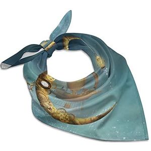 Steampunk gouden maan en schip bandana's voor mannen vrouwen vierkante kop zijden sjaal lichtgewicht wrap nek zakdoek halsdoek 63,5 cm x 63,5 cm