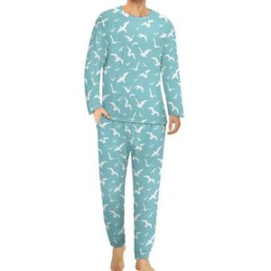 Leuke zeemeeuwen comfortabele herenpyjama-set met ronde hals en lange mouwen, loungewear met zakken, 2XL