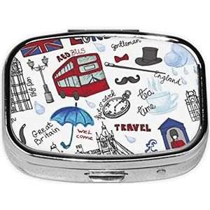 Mini vierkante pillendoos, medicijnorganizer, Londen, draagbare EHBO-doos, reispillendoos met 2 vakken, kleine pillendoos voor zak of portemonnee