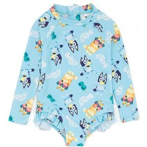 Bluey Girls Badpak | Baby peuters blauw bingo bluey logo all over print zwemkleding | Lange mouw met franjezoom