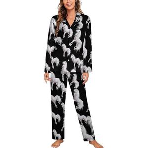 Witte Paard Lange Mouwen Pyjama Sets Voor Vrouwen Klassieke Nachtkleding Nachtkleding Zachte Pjs Lounge Sets