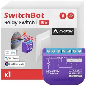 SwitchBot Smart Relais Schakelaar 1, Wi-Fi & Bluetooth Schakelaar werkt met Alexa/Apple HomeKit/Google Home/Matter, 2,4 GHz, Home Automation,16A
