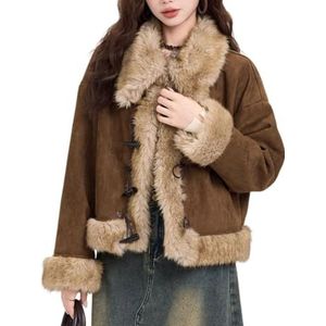 LoprNsdgt Trendy Pluizige Revers Warme Suède Jas Voor Vrouwen, Korte Motorfiets-Bomberjacks Met Knopen,Bruin,L
