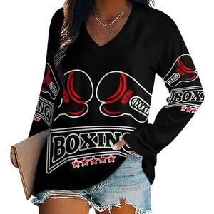 I Love Boxing Damesshirt met V-hals en lange mouwen, casual, losse pasvorm