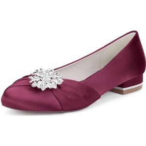 KYEGLO Satijnen Platte Schoenen Met Gesloten Neus Voor Dames, Ronde Neus, Afstudeerschoenen Met Strass-Steentjes - Ideaal Voor Bruiloften En Werk,Burgundy,36 EU