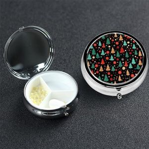 Groen en rood kerstpatroon pillendoosje 3 compartimenten pillendoos ronde pil organiseren metalen waterdichte medicijnorganisatordoos voor reizen kleine pillencontainer draagbaar voor supplementen