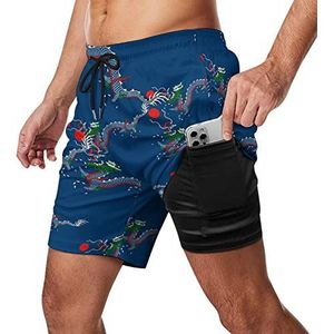 Chinese Dragon Zwembroek voor heren, sneldrogend, 2-in-1 strandsportshorts met compressieliner en zak