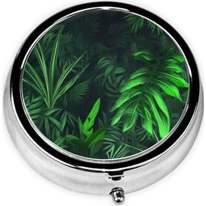 Ronde pillenetui voor portemonnee of zak, 2 compartimenten, medicijnpillendoos, draagbare kleine pillenorganizer, groene tropische jungleplant, pillendoos, reisgeneeskunde, vitamine kabeljauw