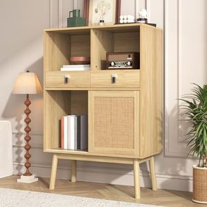 DUlVBPE Sideboard 80x39,5x120 cm, deuren met echt rotan vlechtwerk, twee laden, twee deuren en open vakken, 28 cm hoge tafelpoten