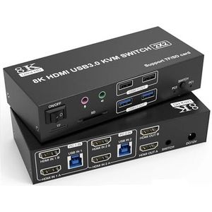 Dual Monitor KVM-switch 4K120Hz 2x2 USB 3.0 DP 2 in uit 8K60Hz Gemengde weergave monitoren computer, SD TF-poorten Naadloze Schakeling(TA202-Dual HDMI)