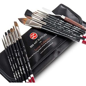 ZenART Professional Watercolour Brush Set – 14 x Birch Wood Squirrel and Synthetic Paint Brushes incl Palette Knife – Flats, Rounds, Filbert, Fan, Rigger, Cats Tongue, & Detailing – Satin Travel Pouch