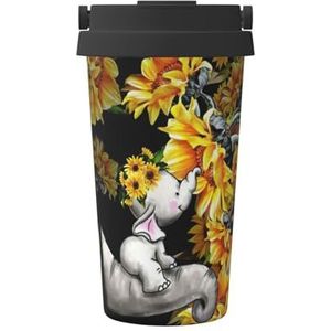 Moeder en baby olifant zonnebloemen print 500 ml koffiemok, geïsoleerde campingmok met deksel, reisbeker, geweldig voor elke drank