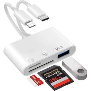 SD-kaartlezer met dubbele connector voor iPhone en Android - 5-in-1 Lightning/USB-C SD/TF geheugenkaartlezer met USB OTG-poort