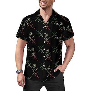 Zwarte Heartbeat Fist Casual Overhemden met knopen voor heren Korte Mouw Cubaanse kraag Tees Tops Hawaiiaans T-shirt XL