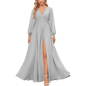 KURFACE Bruidsmeisjesjurken met lange mouwen en split geplooide chiffon formele jurk met mouwen formele jurk, Zilver, 32