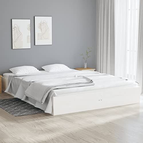 vidaXL Bedframe massief hout wit 140x190 cm, bed, ledikant, massief houten bedframe, bedbodem, bed frame, slaapmeubel, tweepersoonsbed, bedden