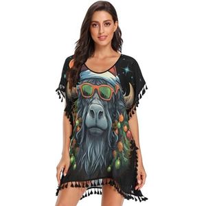 Kerst Stijl Dieren Bison Vrouwen Strand Cover Up Chiffon Kwastje Badmode Badpak Coverups voor Meisje, Patroon, L