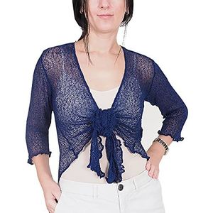 Mimosa Gehaakt damesvest, glitter of effen, elastisch, kanten visnet omslagdoek, open vest, maat 34-58, marineblauw, Eén Maat
