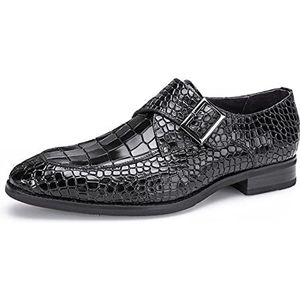 Formele schoenen for heren Instapper Monniksband Gepolijste teen Krokodil Alligator Reliëf echt leer Rubberen zool Lage bovenkant Antislip Antislip (Color : Black, Size : 38 EU)