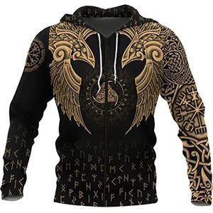 Heren Viking Kraai Hoodie Met Rits, Noorse Hoorn Van Odin Vegvisir Tattoo Runes 3D Print Raven Harajuku Losse Trui, Retro Punk Streetwear,Yellow zip,M