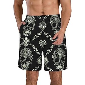 PHTZEZFC Bloemen doodskop sier patroon print heren strandshorts zomer shorts met sneldrogende technologie, lichtgewicht en casual, Wit, S