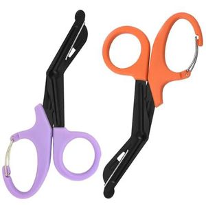 Noodschaar, 2 stuks, 19 cm, met gesp, verbandschaar, reddingsschaar, kledingschaar, voor gebruik in reddingsdienst of dagelijkse taken (oranje en paars)