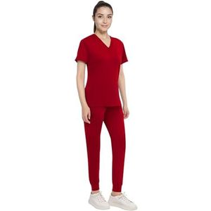 Anwrtuk Scrubs voor Vrouwen Set, Medische Uniform Stretch V-hals Kraag Scrub Top & Jogger Broek met Tailleband, Multi Pocket, Wijn, M