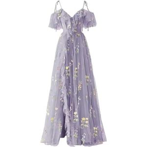 Bruidsmeisjesjurken voor dames, tule voor bruiloft, met split, prinsessenjurk, baljurk, grote maten, Paars, 54 grote maten