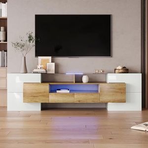 Aunvla Stijlvolle tv-kast, lowboard. Hoogglanzend wit, 200 cm, LED-verlichting, woonkamermeubels. Modern design. Elegant glazen oppervlak.