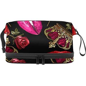 Multifunctionele opslag reizen cosmetische tas met handvat,Lippen Rose Crown,Grote capaciteit reizen cosmetische tas, Meerkleurig, 27x15x14 cm/10.6x5.9x5.5 in