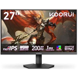 KOORUI G2722P Gaming Monitor QHD 27"" Plat, Fast IPS, 200Hz, 1ms, in hoogte verstelbaar (2560x1440, HDR 400, 400nit, 95% DCI-P3, HDMI, DisplayPort)